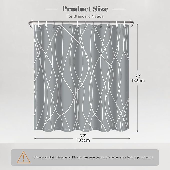 Punkray Light Grey Shower Curtain for Bathroom with Hooks, Shower Curtain Set Stripe Bath Curtains Decorative White Shower Curtains Weighted Hem Water Repellent Washable, 72 x 72