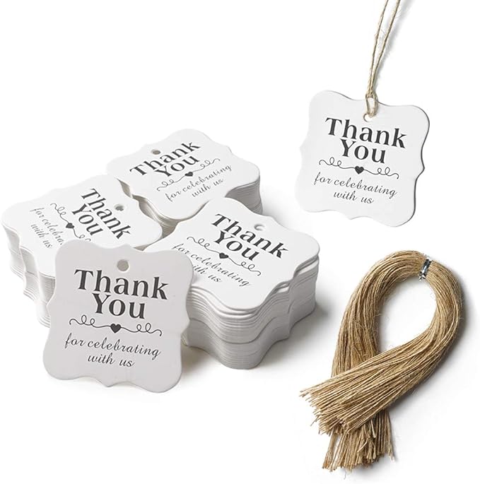 SallyFashion 150 PCS Thank You White Gift Tags with String, 2 x 3 Inches Paper Gift Tags for Party Favors Weddings, Bridal and Baby Showers Birthdays