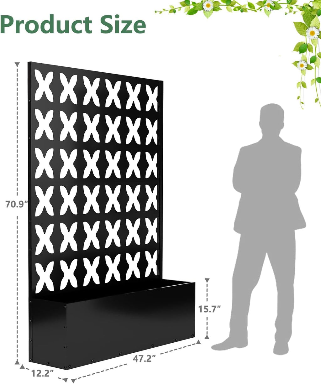 Metal Planter Box with Trellis,70.9"x47.2"x15.7" Raised Garden Bed with Drainage Holes, Privacy Planters for Outdoor Garden Bed for Climbing Plants,Vegetables,and Vines, Black-X
