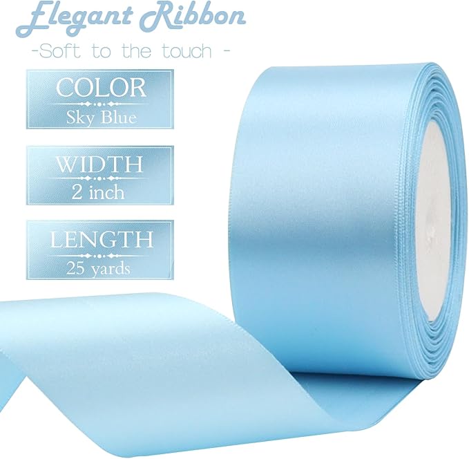 Sky Blue Solid Satin Ribbon 2 Inch 25 Yards Solid Polyester Fabric Ribbon for Gift Wrapping Wedding Christmas Baby Shower Birthday Party Decoration Handmade Immortal Flower Craft