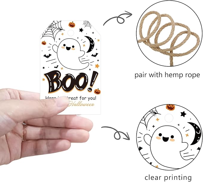 Aukolass 50Pcs Boo Gift Tags, Halloween Treat Tag for Spooky Ghost Party Favor and Gift Wrapping Decoration (Boo)