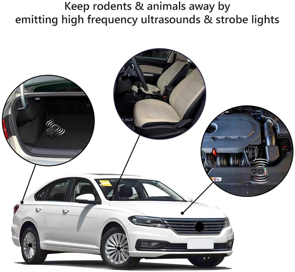Rodent Repellent Battery Operated Ultrasonic Mouse Repeller for Car Engines Squirrel Pest Repeller Under Hood Mice Deterrent for House Garage Attic Indoor 2 Pack