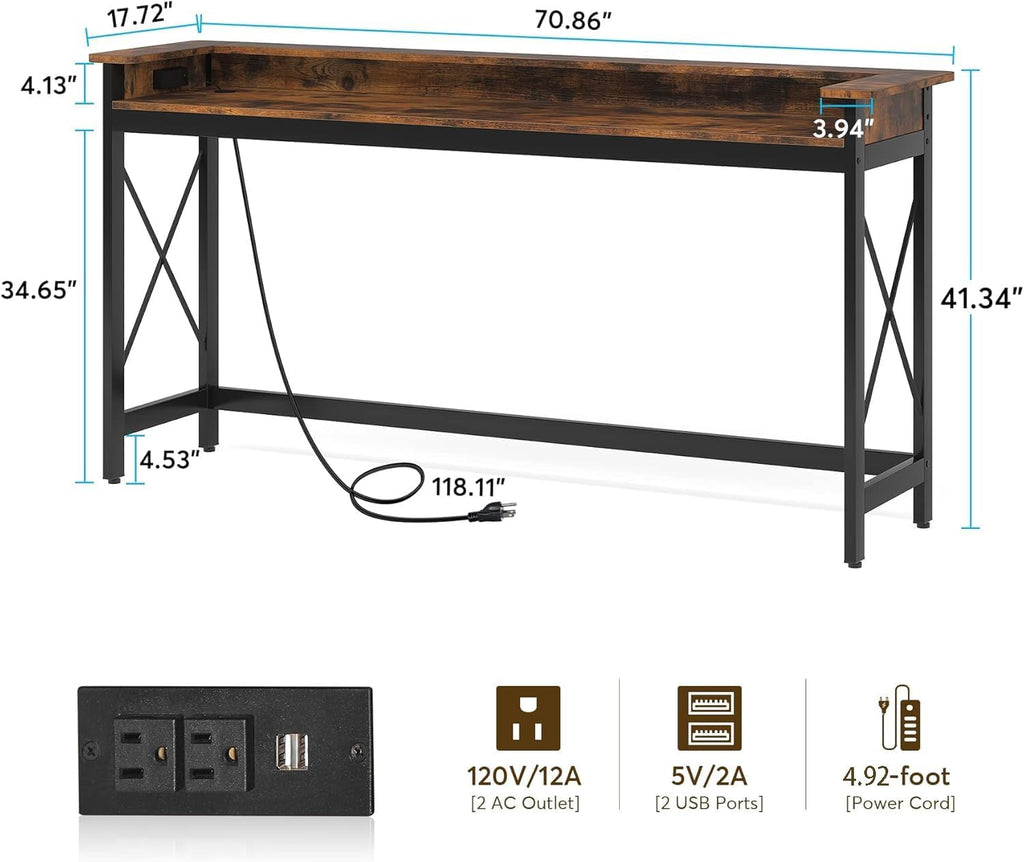 LITTLE TREE 70.9 inch Long Sofa Console Table with Outlets Charging Station Narrow Entryway Hallway Accent Furniture