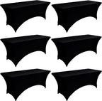 6-Pack 8ft Black Spandex Table Covers for Rectangle Folding Tables - Washable Elastic Tablecloth - Ultimate Fitted Table Protector for Birthday Parties, Trade Shows, Banquet