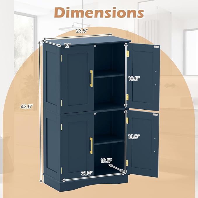 Tangkula Bathroom Floor Storage Cabinet, 43.5" H Freestanding Pantry Cabinet with 4 Doors and 2 Adjustable Shelves, Kitchen Cupboard for Living Room, Dining Room, Bathroom (Navy Blue, 43.5" H)