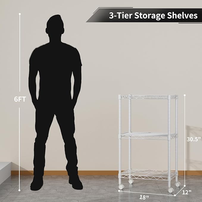 Small 3 Tier Shelves Storage Wire Shelving Unit Metal Shelf Adjustable Organizers Storage Shelving with Wheels for Bathroom Laundry Room Kitchen Pantry12”D x 18”W x 30.7”H White