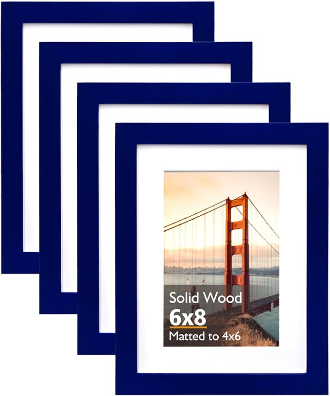 KINLINK 6x8 Picture Frame Navy, Solid Wood Frames with Acrylic Plexiglass for Pictures 4x6 with Mat or 6x8 without Mat, Tabletop and Wall Display Photo Frame, Set of 4