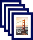 KINLINK 6x8 Picture Frame Navy, Solid Wood Frames with Acrylic Plexiglass for Pictures 4x6 with Mat or 6x8 without Mat, Tabletop and Wall Display Photo Frame, Set of 4