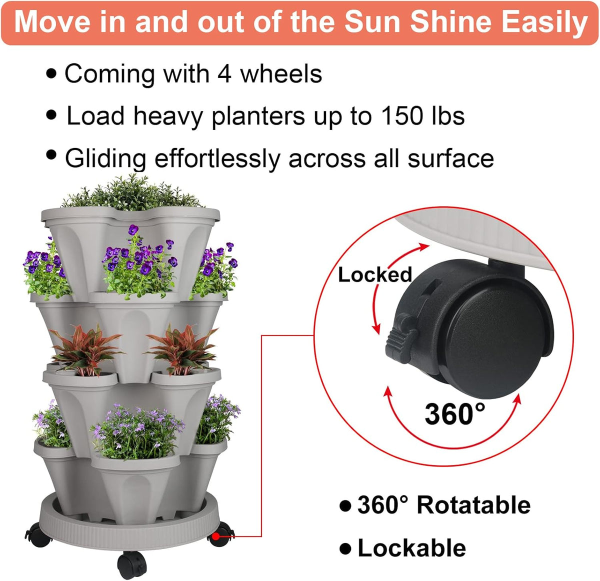 Vertical Planter 4 Tier Stackable Planters Garden Planters Strawberry Herb Flower and Vegetable Planter Indoor Outdoor Gardening Pots with Removable Wheels and Tools 2-Pack