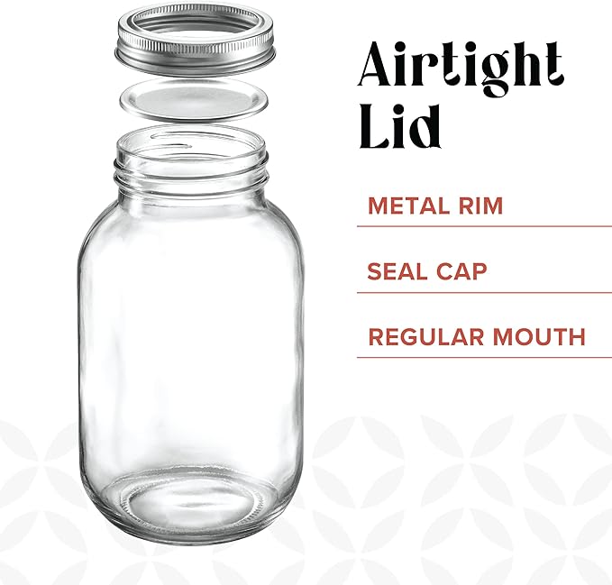 [6 Pack] 32 oz. Regular-Mouth Glass Mason Jars - with Metal Airtight Lids and Bands 1 quart Large for Canning, Preserving, & Meal Prep