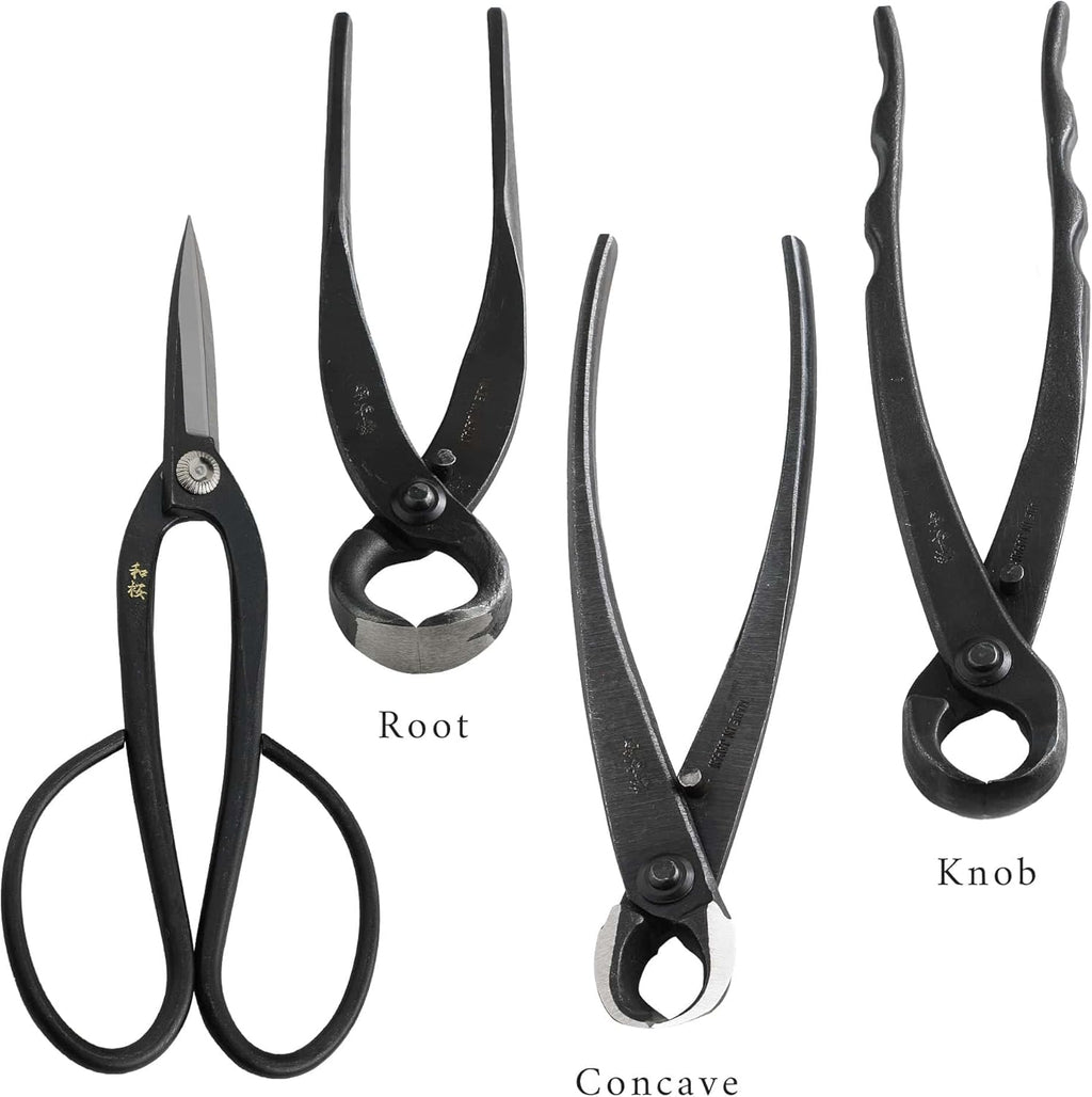 Wazakura Made in Japan 6PCS Bonsai Professional Tool Kit with Roll Bag: Yasugi Steel Ashinaga Scissor, Concave Branch Cutter, Knob Cutter, Jin Plier, Wire Cutter, Root Cutter. Bonsai Tool Set & Case