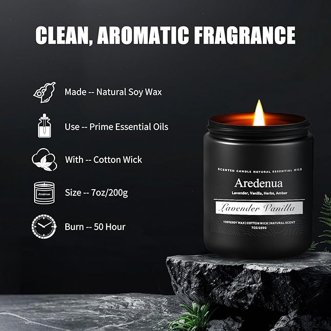 Lavender Vanilla Candle | Candle Gifts, Soy Candles for Home Scented, Aromatherapy Gifts for Women Men - 7oz Scented Candles for Home, 50 Hours Burn Time, Perfect for Relaxing Home Fragrance