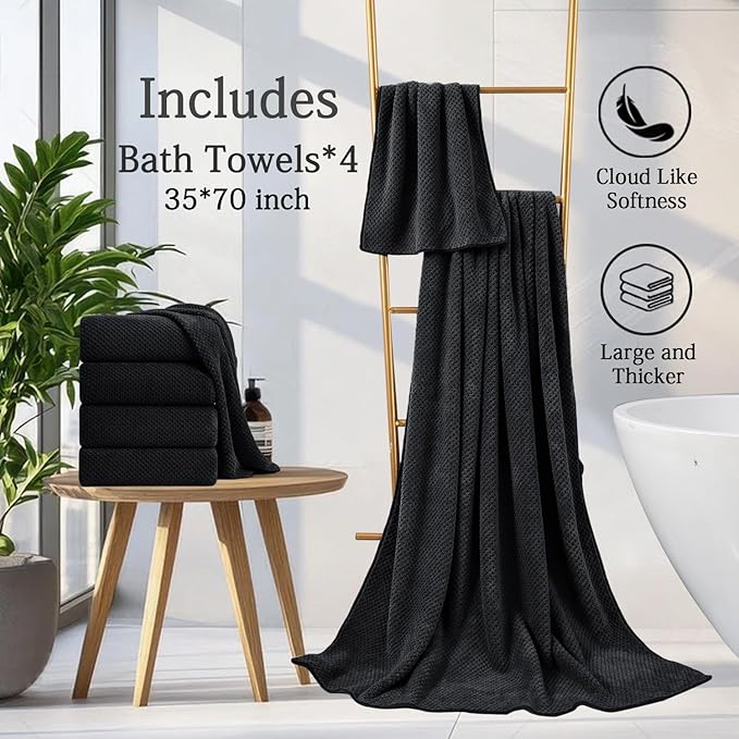 Black Bath Towels Set 35x70 Inches - Luxury 600 GSM Oversized Bath Sheet Towel,Extra Large Microfiber - Quick Dry,Highly Absorbent,Super Soft Shower Towels Spa Hotel Bathroom Towel Set (4-Pack)