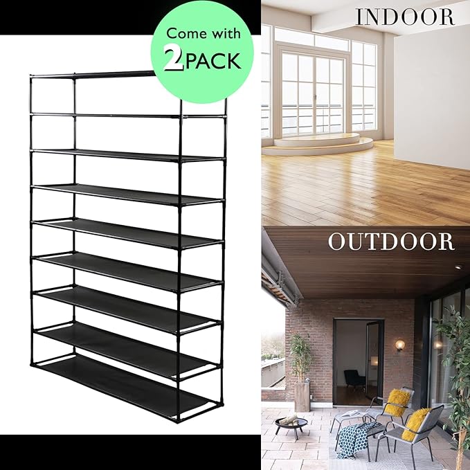 TY ARTS & CULTURE 2 Pack 9-Tiers Shoe Rack Organizer, Sturdy Metal Pipes & Durable Non-Woven Fabric, Space Saving Tall Shoe Shelf Hold 72-90 Pairs, Shoe Rack for Entryway (Black)