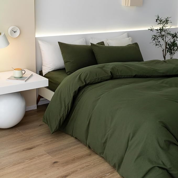 JIYUAN 100% Washed Cotton Duvet Cover Set 2 Pieces Twin, 1 Duvet Cover 68x90 Inches(Comforter Not Included) and 1 Pillowcases,Linen Feel Bedding Set Comfy and Breathable,Olive Green
