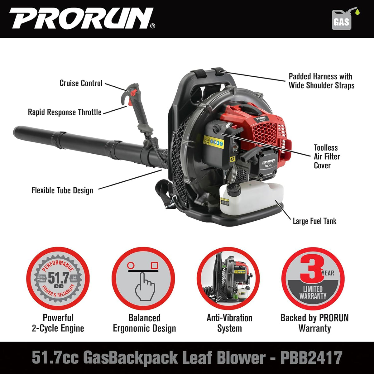 PRORUN 51.7cc 570 CFM 250 MPH Gas-Powered 2-Cycle Backpack Leaf Blower, PBB2417