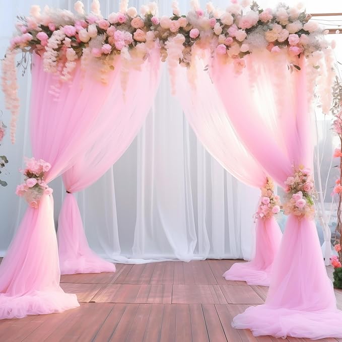20x10 Pink Tulle Backdrop Curtains for Parties, Sheer Backdrop Curtain Wedding Photo Background Drapes for Baby Shower Photography Birthday Party