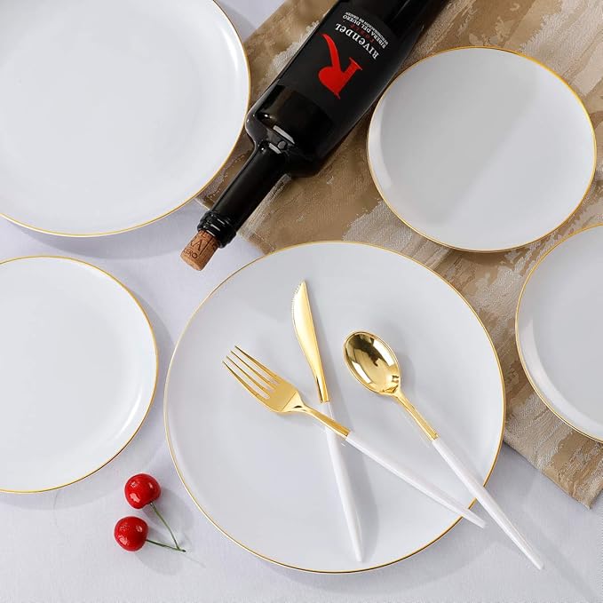 Supernal 150pcs White and Gold Plastic Plates,Gold Plastic Silverware,White Dinnerware Set Includes 60 Plates,30 Forks,30 Knives,30 Spoons For Weddings Celebrations