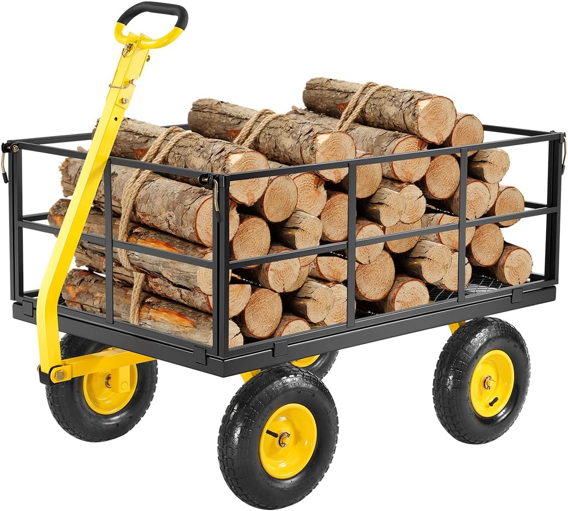 VEVOR 1400 Lbs Steel Garden Cart, Heavy Duty Pullable Garden Wagon Yard Cart, 2 in 1 Outdoor Metal Utility Wagon Yard Trailer with 13" All Terrain Tires, Mesh Removable Sides and 180°Rotating Handle