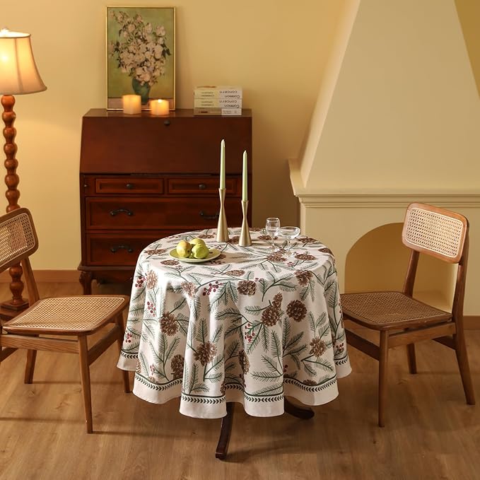 ISAENNE Designer Christmas Beige Linen Small Round Tablecloth,Pinecones Pattern Indoor Tablecloths,Washable Decor Table Cloth for Dining Thanksgiving Kitchen Christmas,Diameter 55"-Carol B