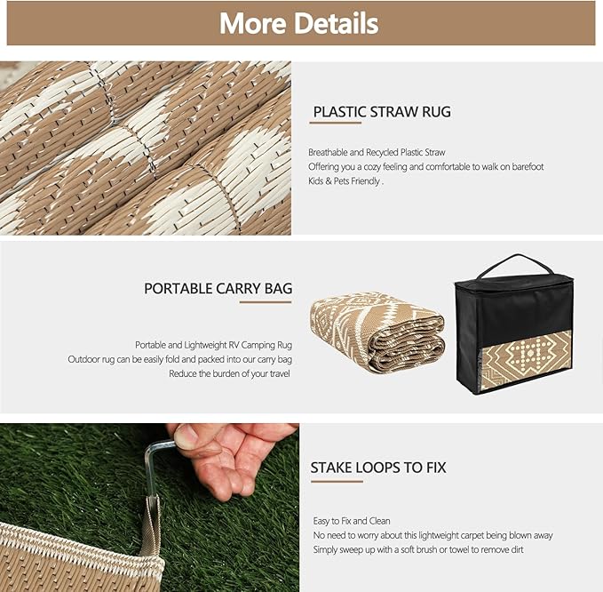 Waterproof Outdoor Rug 8x10 ft, Reversible Plastic Straw Mat, Large Floor Mat for Patio, Camping, Picnic, Backyard RV, Deck, Beige
