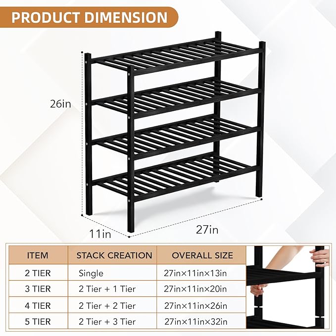 4 Tier Bamboo Shoe Rack Storage Organizer for Closet, Multifunctional Stackable Free Standing Shoe Shelf Organizer for Small Space,Entryway, Hallway, Bathroom27 x11 x26(Black, 4 Tier)