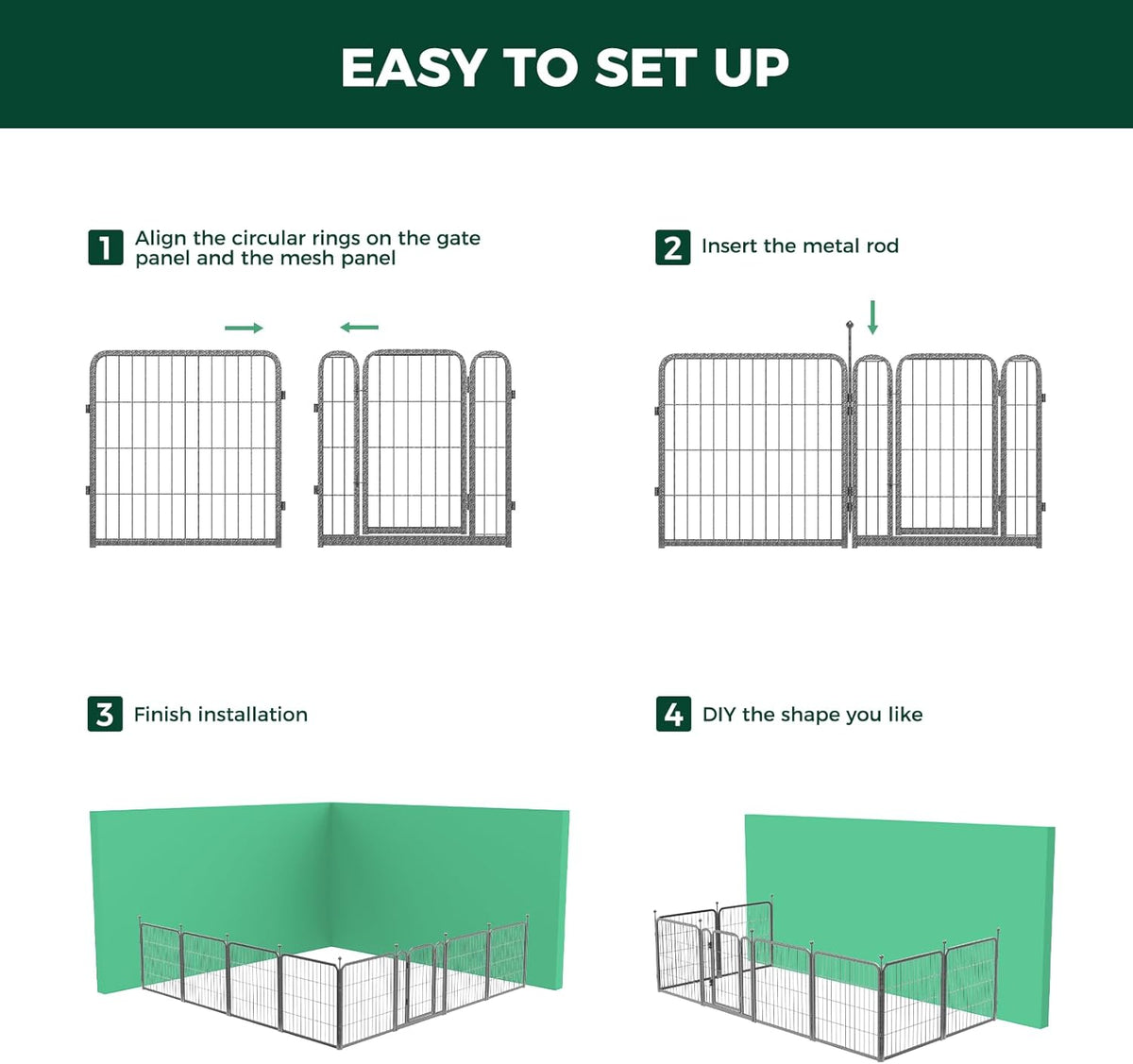 FXW Garden Fence Outdoor for The Yard – 24in(H) x 15.2ft(L) Heavy Duty Metal Animal Barrier for Dog and Rabbit, Decorative Dog Fence, 8 Panels, Silver