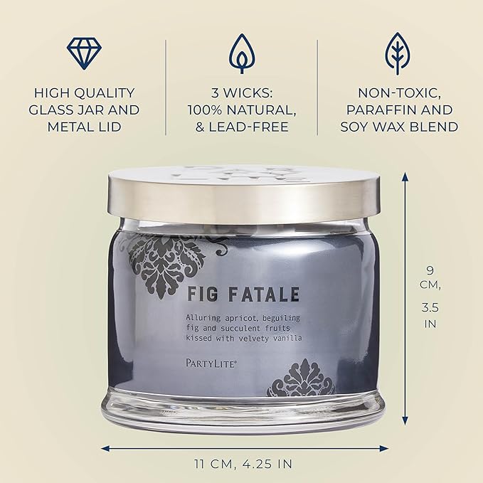 PartyLite Fig Fatale Scented, Notes of Apricot, Green Fig, Peach, Mango, Strawberry and Vanilla,13.2oz 3-Wick Jar Candle, 45 Hour Burn Time, Luxurious Fragrance, Perfect for Gifting