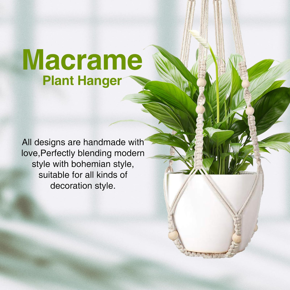 LEWESU Macrame Plant Hanger Indoor Set of 2 with 4 Hooks, Indoor Outdoor Hanging Planter for Plants Holder with Decorative Wood Beads & No Tassels, Boho Home Decor, 35 Inch Ivory (Pots Not Included)