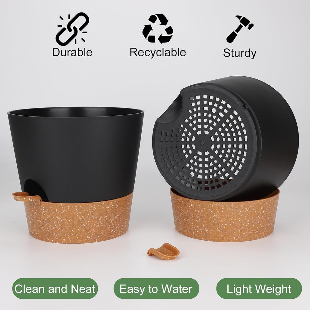 10-Inch Plant Pots, Self-Watering Planters with Drainage Holes & Saucers for Indoor and Outdoor Plants (2-Pack, Black)
