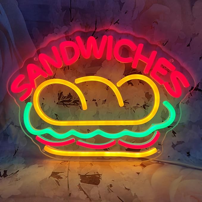 Sandwiches Neon Sign Sandwich Sign Food Neon Signs for Wall Decor, Sandwich Decorate for Home Kitchen Restaurant Store Fast Food Man Cave Party Decor, 12.9" x 9.2"