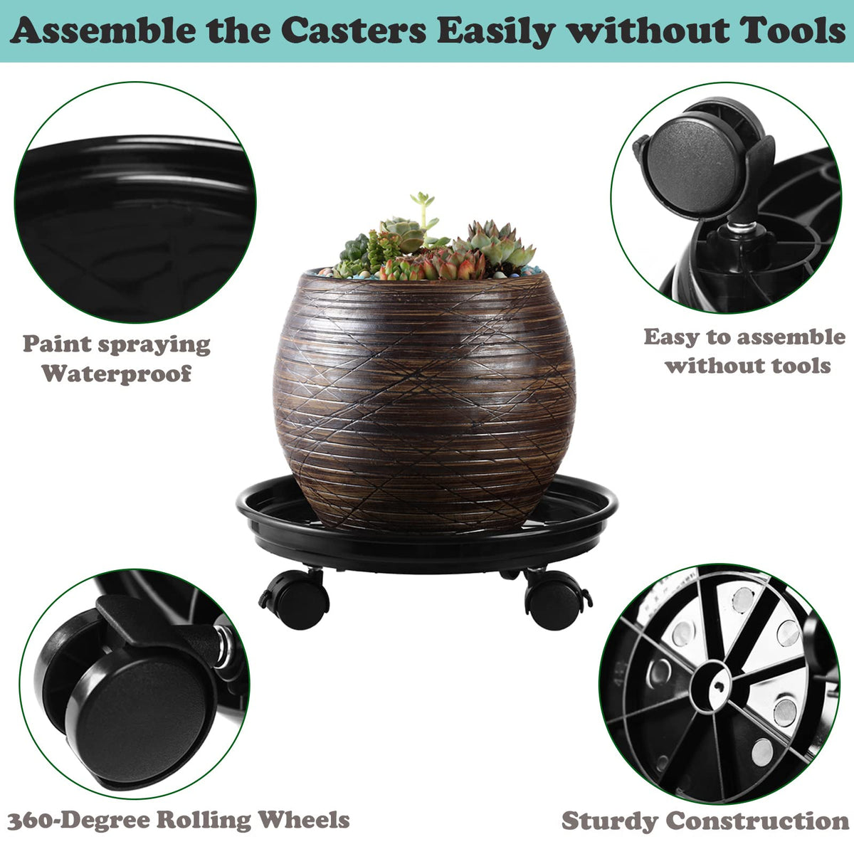 6 Packs Plant Caddy with Wheels 11.8" Plastic Rolling Plant Dolly Coasters Heavy-Duty Wheeled Planter Mover Rollers Indoor Outdoor Wheeled Flower Pot Base Suacers with Casters, Black