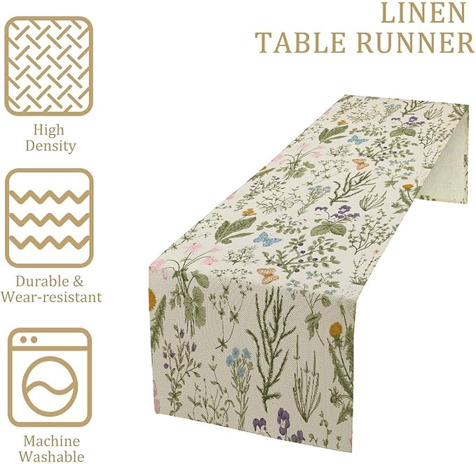 Floral Botanical Table Runner, Garden Spring Flower Botanical Butterfly Animal for Restaurant, Kitchen, Wedding, Party Rectangular Table Runner Decoration,13in（33cm） W * 72in（184cm） L