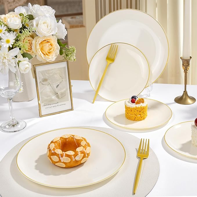 bUCLA 200PCS Ivory Plastic Plates with Gold Rim - Heavy Duty Cream Disposable Include 100 Dinner 10 inch & 100 Dessert 7 inch Plates, Ideal for Party & Thanksgiving