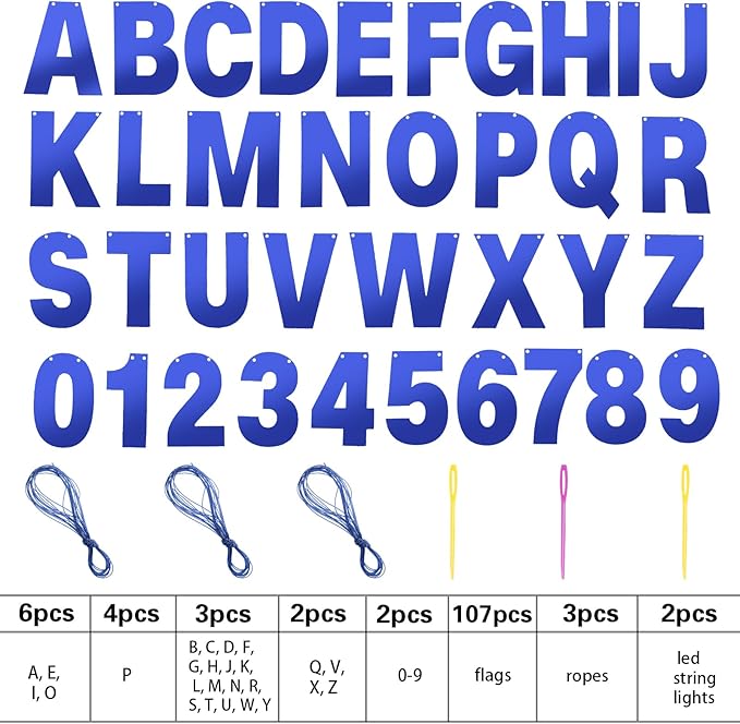 TaoBary 112 Pcs DIY Letter Kit Glitter Customizable Banner Letters Include 107 Letters and Numbers 3 Rope and 2 Needles for Birthday Halloween Christmas Wedding Valentine Party Decor(Bright Blue)