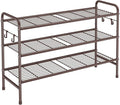 3 Tier Shoe Rack 33" Wide Metal Shoe Organizer Long Shoe Storage with 4 Side Hooks Sturdy Shoes Shelf for Front Door Entrance, Closet, Garage, Dorm, Brown