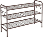 3 Tier Shoe Rack 33" Wide Metal Shoe Organizer Long Shoe Storage with 4 Side Hooks Sturdy Shoes Shelf for Front Door Entrance, Closet, Garage, Dorm, Brown