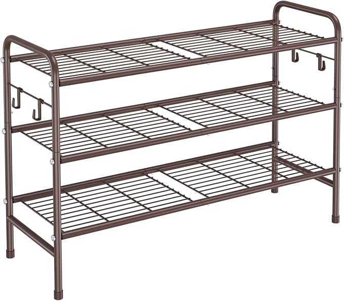 3 Tier Shoe Rack 33" Wide Metal Shoe Organizer Long Shoe Storage with 4 Side Hooks Sturdy Shoes Shelf for Front Door Entrance, Closet, Garage, Dorm, Brown