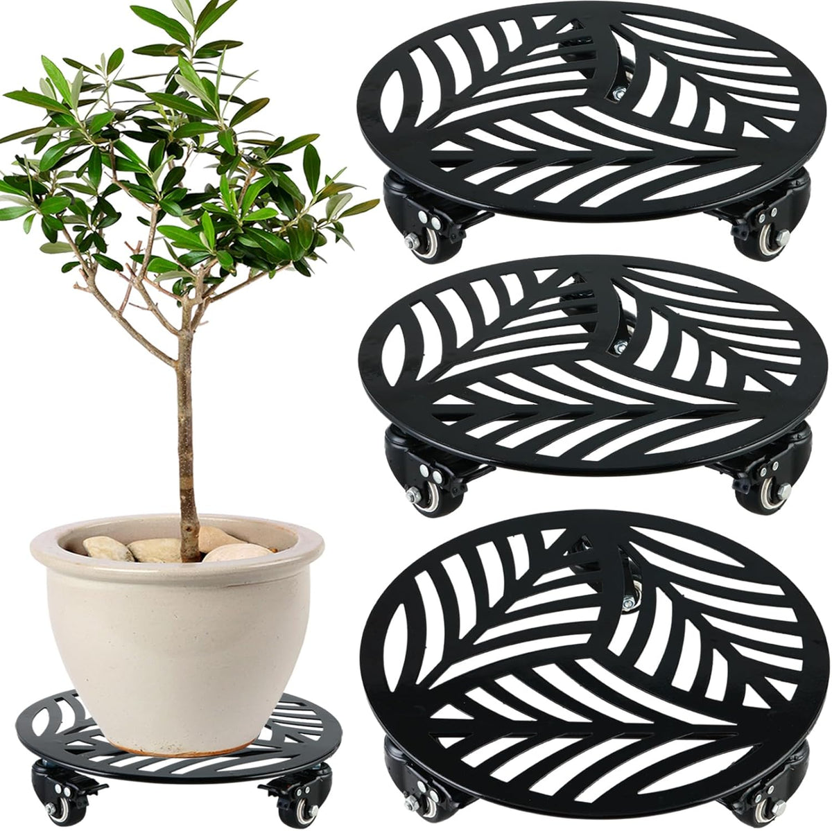 3 Packs Metal Plant Caddy with 3 Metal PU Wheels 12” Heavy-duty Wrought Iron Rolling Plant Stands with Casters Indoor and Outdoor Plant Pot Roller Base Plant Dolly Coaster Movers Black