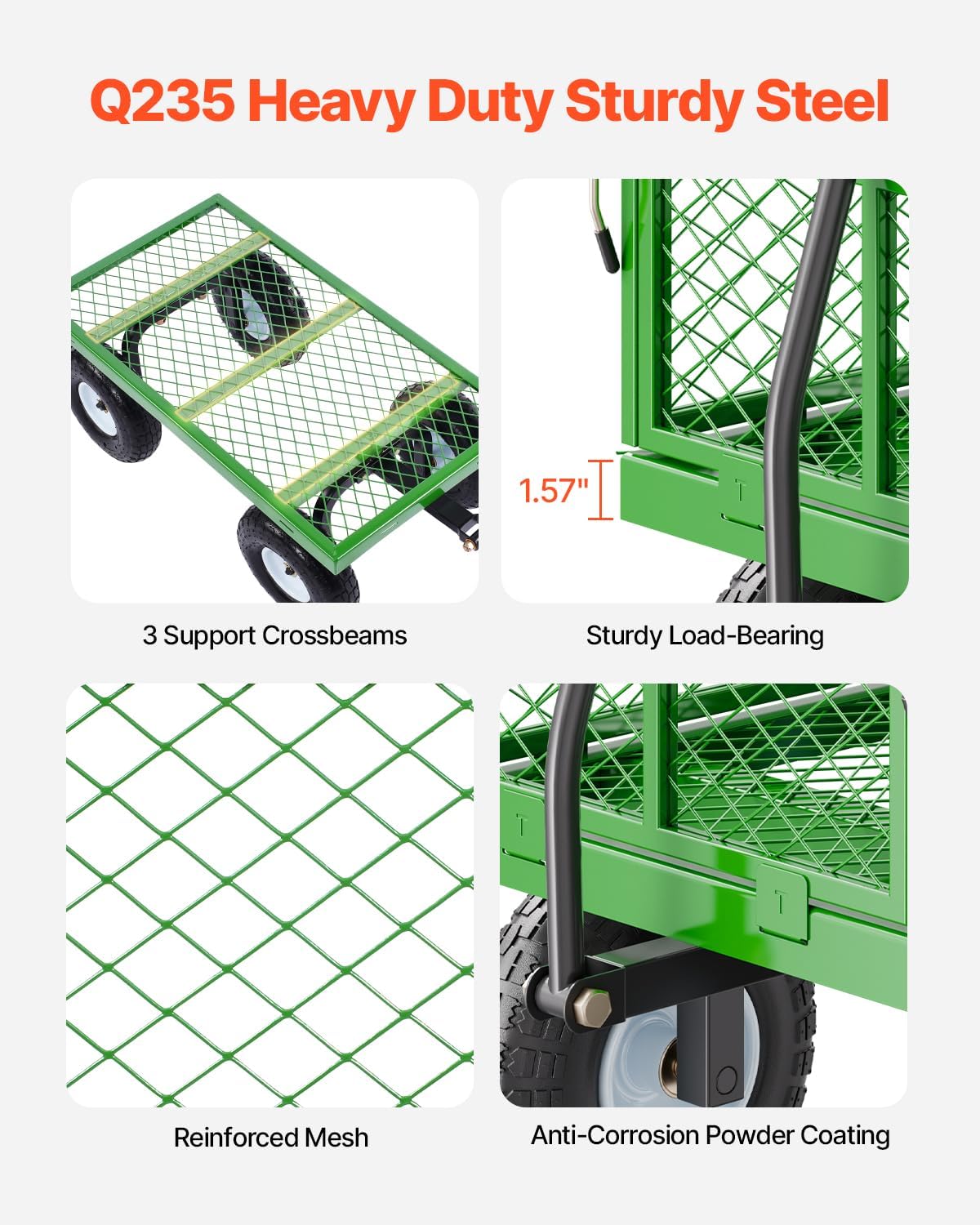 VEVOR 680 Lbs Steel Garden Cart on Wheels, Heavy Duty Garden Wagon Cart Pullable, Metal Outdoor Utility Yard Wagon Carts with 10" Tires, Mesh Removable Sides and 180°Rotating Handle