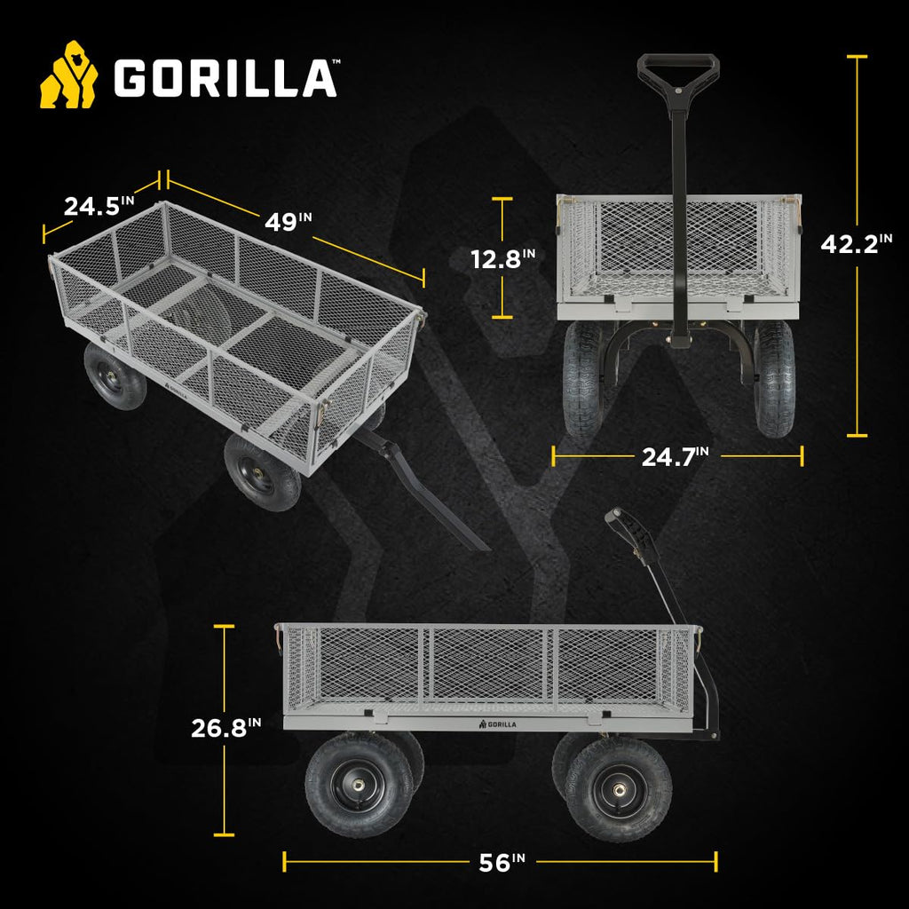 Gorilla Carts GOR1001-COM Steel Utility Cart, Heavy-Duty Convertible 2-in-1 Handle and Removable Sides, 7 cu ft, 1000 lb, Capacity, Gray