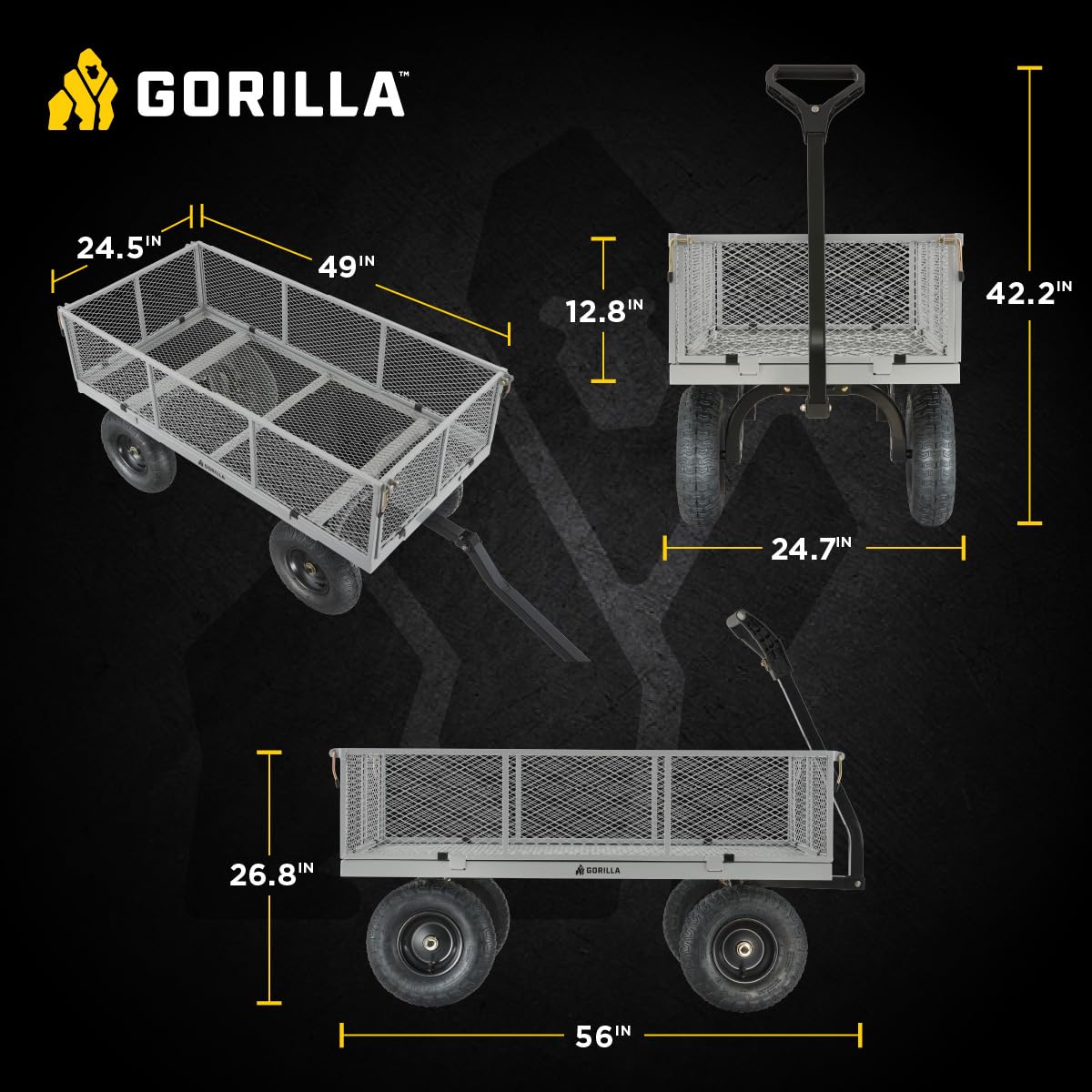 Gorilla Carts GOR1001-COM Steel Utility Cart, Heavy-Duty Convertible 2-in-1 Handle and Removable Sides, 7 cu ft, 1000 lb, Capacity, Gray