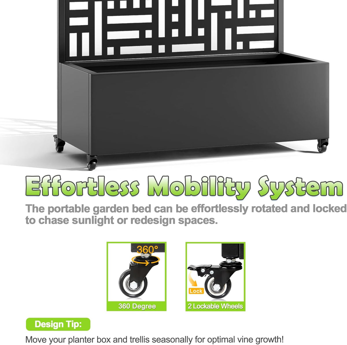 15.7"×70.9"×35.4" Metal Raised Garden Bed with Trellis and Wheels - Tall Trellis Planter Box for Climbing Plants, Vegetables & Vines - Outdoor Privacy Planters for Patio (Black-Helen)