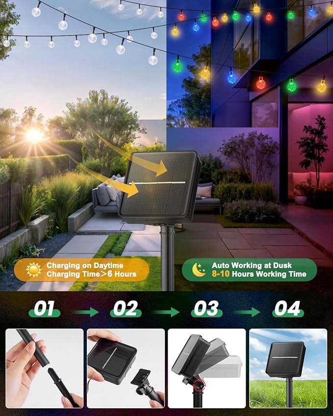Brightown Solar String Lights Outdoor 60 Led 35.6 Feet Crystal Globe Lights with 8 Lighting Modes, Waterproof Solar Powered Patio Lights for Garden Yard Porch Wedding Party Decor (Multicolor)