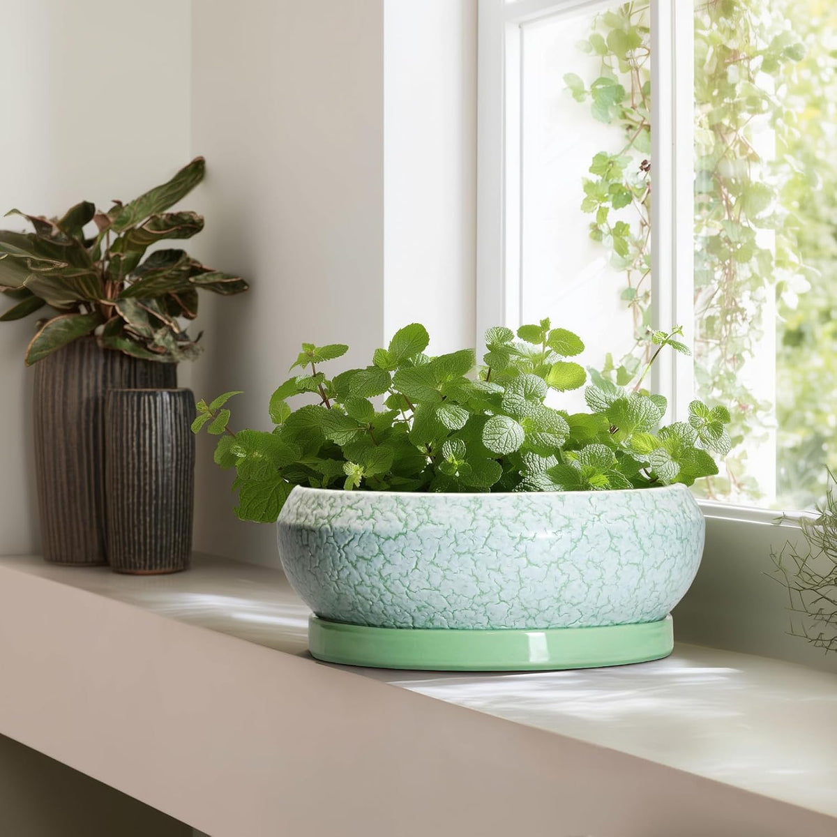 Bonsai Pots - 13 Inch Ceramic Succulent Pots for Indoor Outdoor, Large Shallow Planter with Drainage Hole and Saucer, Round Flower Succulent Planter, Patio Decor, Gifts for Women, Green
