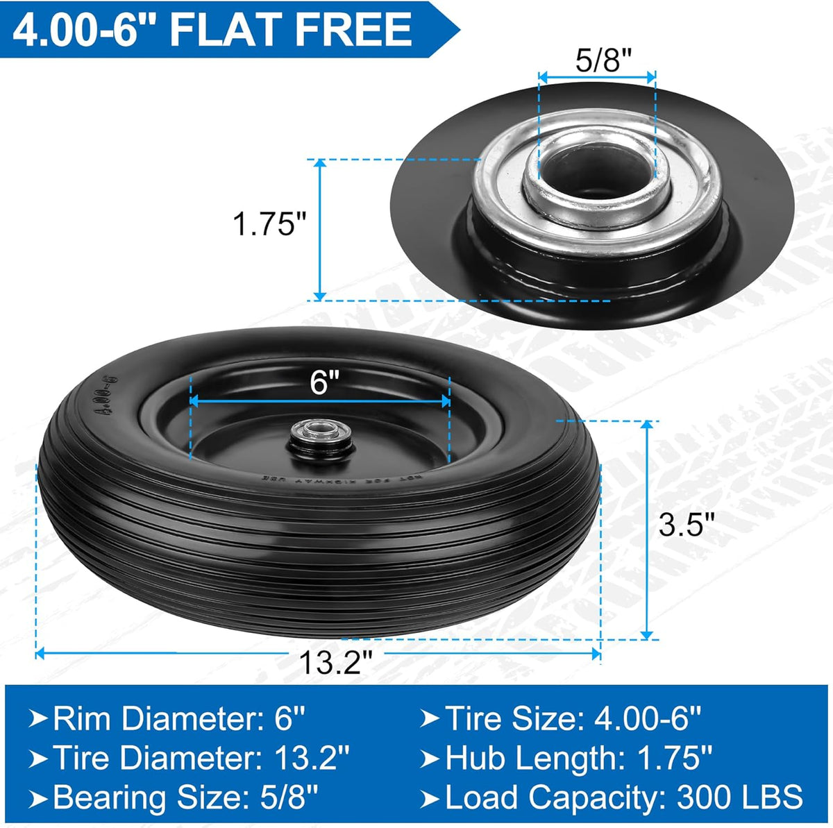 4.00-6 Flat Free Wheelbarrow Tires and Wheels, 13 Inch Wheelbarrow Tires with 5/8" or 3/4" Bearings, 1.75'' Centered Hub Hand Truck Solid Wheels Replacement for Hand Trucks, Dolly Trolleies