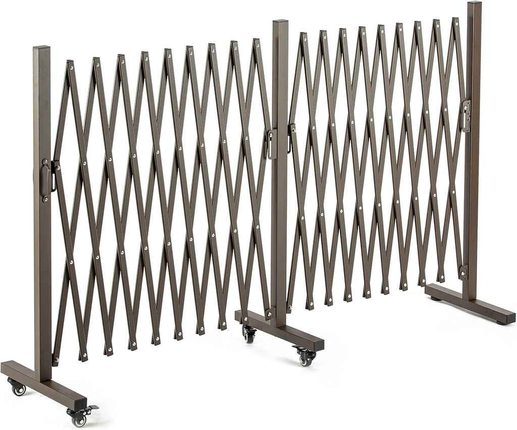 TECSPACE Aluminum Expandable Garden Fence, Portable Barricade Gate with Casters, Adjustable Retractable Fence Mobile Barricade Safety Barrier (Brown, 201×15×41 inch)