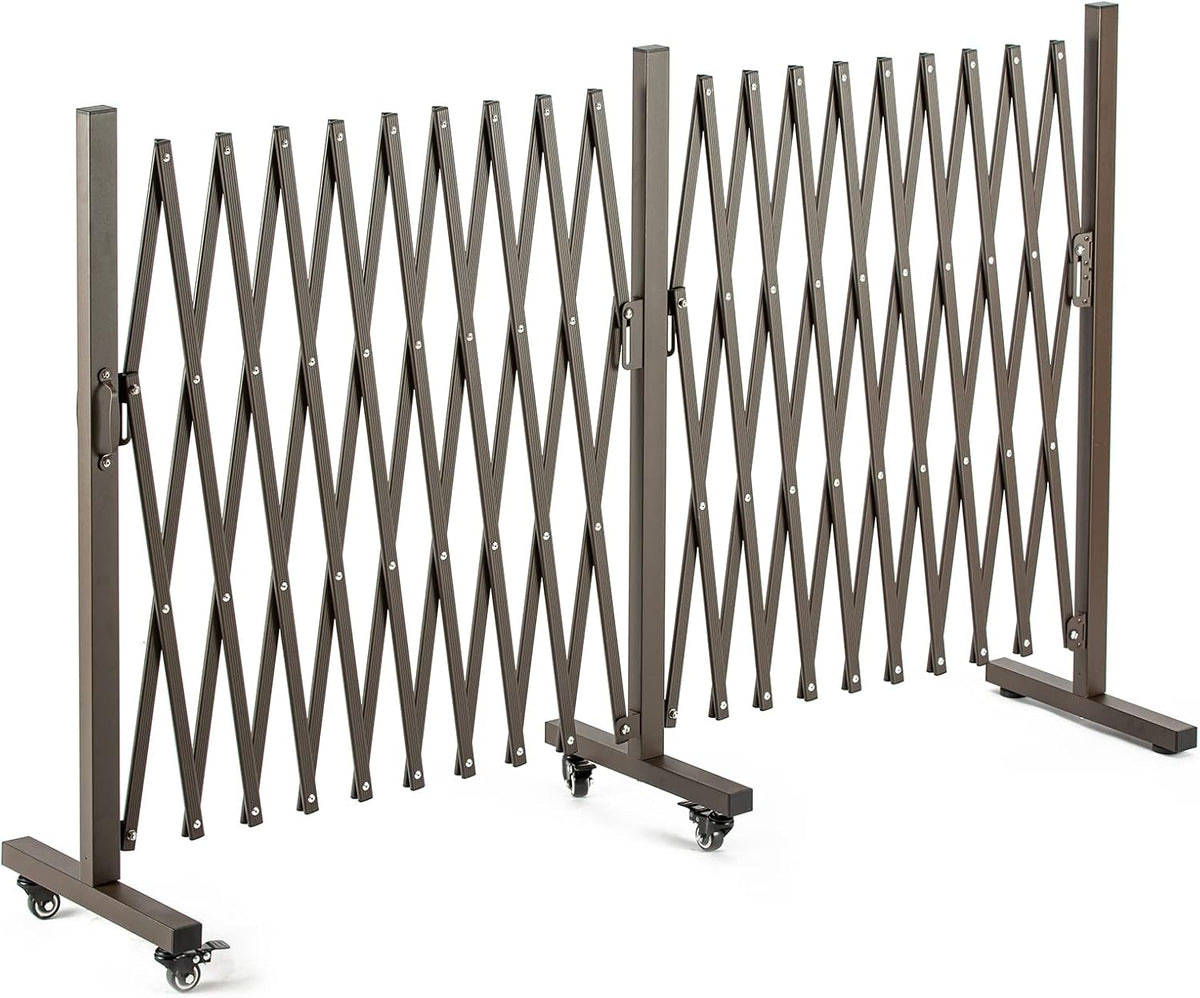 TECSPACE Aluminum Expandable Garden Fence, Portable Barricade Gate with Casters, Adjustable Retractable Fence Mobile Barricade Safety Barrier (Brown, 201×15×41 inch)