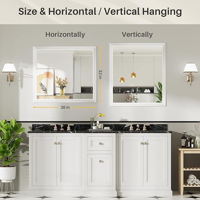36x32 Inch White Bathroom Mirror for Wall, Thick Metal Framed Rectangle Mirrors for Over Sink, Bedroom, Living Room, Entryway, Anti-Rust, HD Tempered Glass