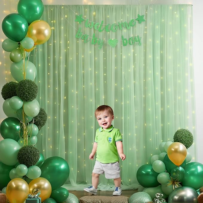 30×10ft Green Tulle Backdrop Curtain with Lights String for Parties, Sheer Photo Backdrop Curtains for Wedding Party Photography Background